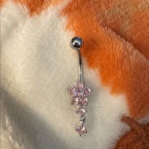 Belly Button Ring-Stainless Steel  flower With Pink Zirconia Belly Button Ring